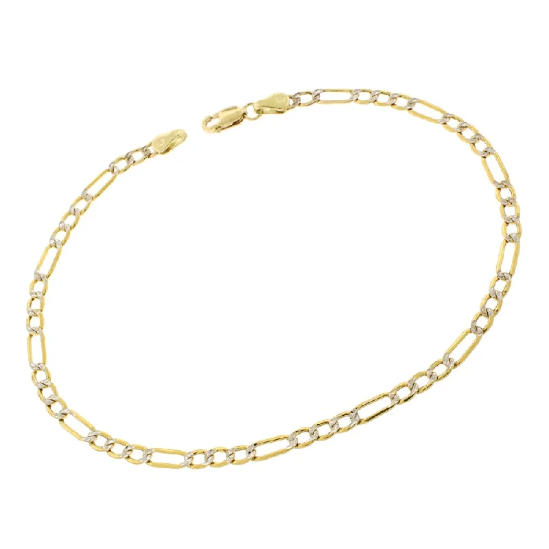 handmade bracelet for women -10k Yellow Gold 3mm Hollow Figaro Link Diamond Cut Two-Tone Pave Bracelet Chain 8", 9"