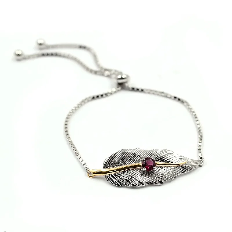 luxury diamond tennis bracelet for formal wear -14K Gold & sterling silver with Rhodolite leaf shape pendent