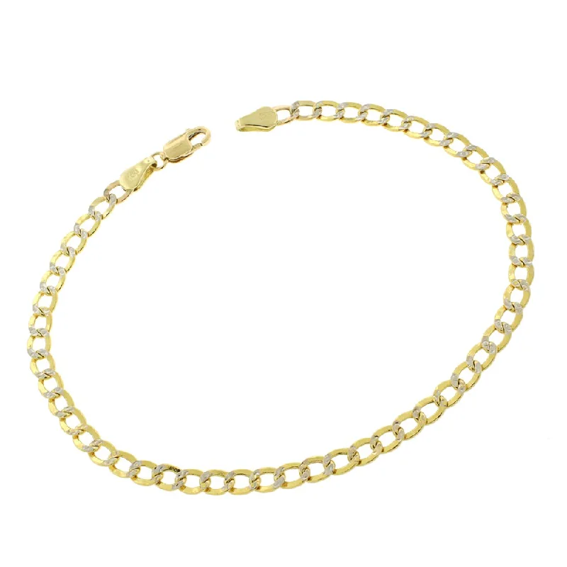 vintage-style bracelet for women -14k Yellow Gold 3.5mm Hollow Cuban Curb Link Diamond Cut Two-Tone Pave Bracelet Chain 5.5" - 7.5"