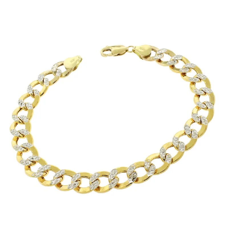 vintage-style bracelet for women -14k Yellow Gold 9.5mm Hollow Cuban Curb Link Diamond Cut Two-Tone Pave Bracelet Chain 9"