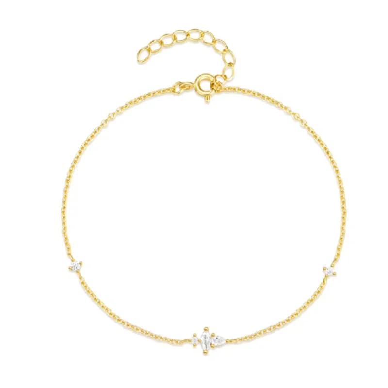 adjustable gold bracelet for women -18K Gold Plated Sterling Silver Dainty Cable Chain Bracelet with Marquise, Pear, and Round Cut Cubic Zirconia Accents