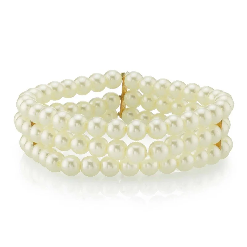 adjustable gold bracelet for women -1928 Bridal Oceano 6mm Ivory Faux Pearl 3-Row Stretch Bracelet