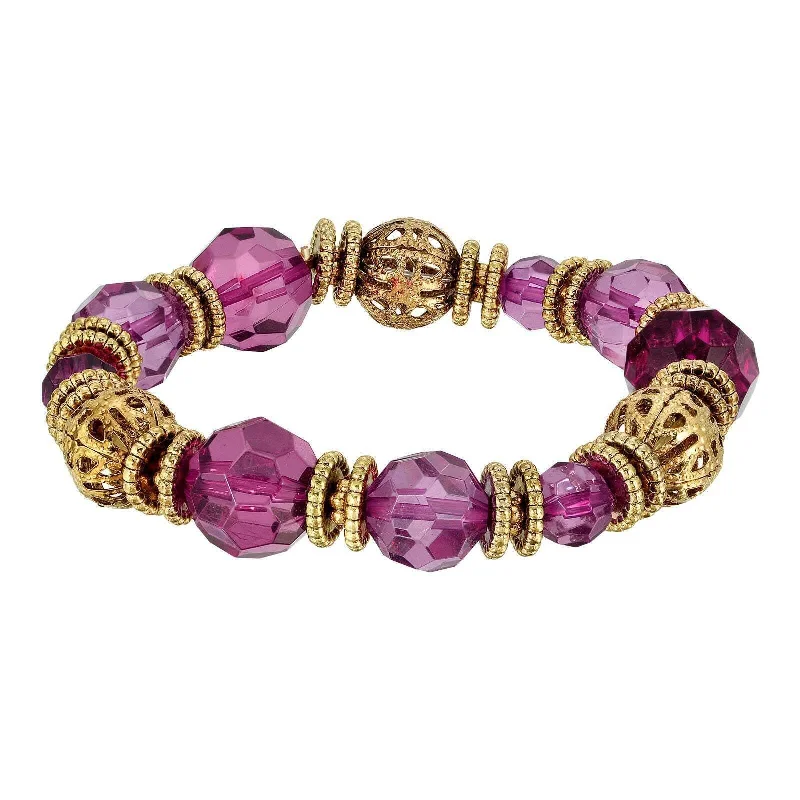 couple’s bracelet set for him and her -1928 Jewelry Gold Filigree & Amethyst Purple Bead Stretch Bracelet