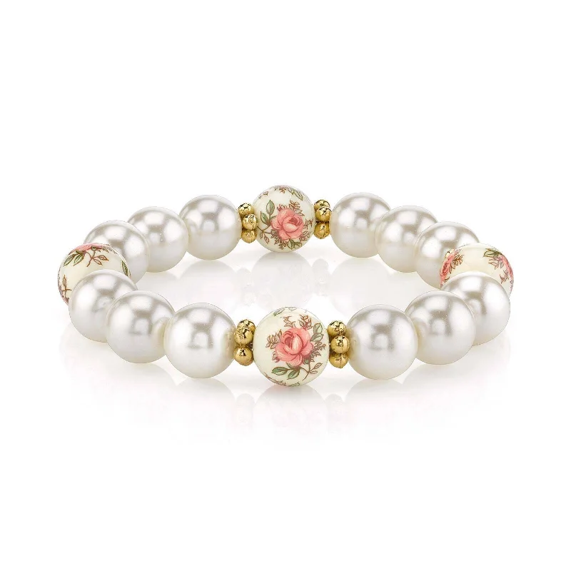 engraved bracelet for women -1928 Jewelry Ivory And Desert Pink Rose Faux Pearl Stretch Bracelet