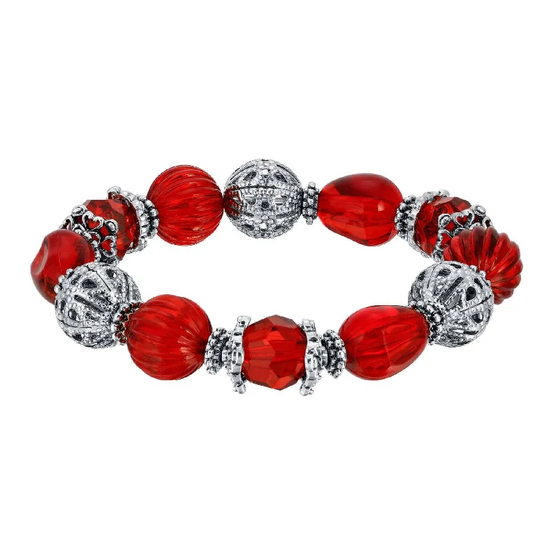 personalized charm bracelet for women -1928 Jewelry Siam Red Multi Beaded Round Filigree Ball Stretch Bracelet