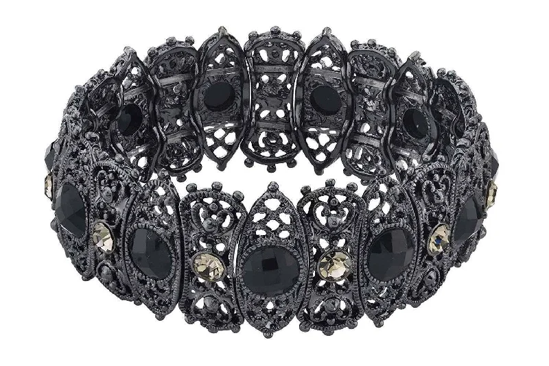 opal bracelet for women -2028 Jewelry Black Diamond Crystal Filigree Stretch Bracelet