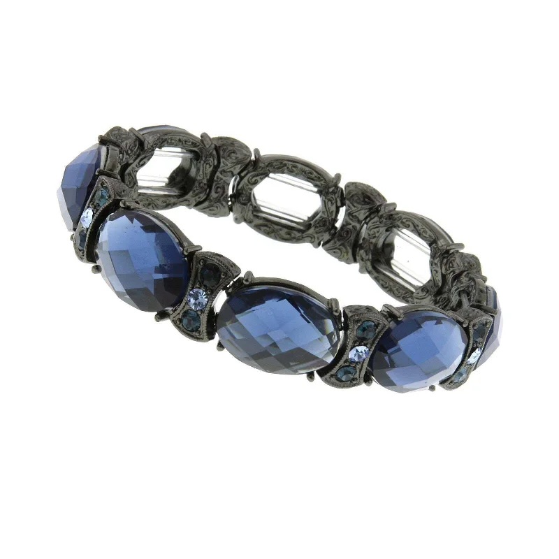 leather braided bracelet for men -2028 Jewelry Blue Stone & Crystal Black Stretch Bracelet