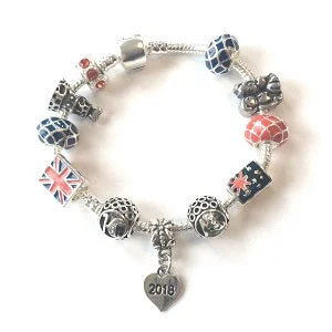 silver chain bracelet for men -Adult's 'Royal Wedding 2018 Commemorative Keepsake' Silver Plated Charm Bead Bracelet