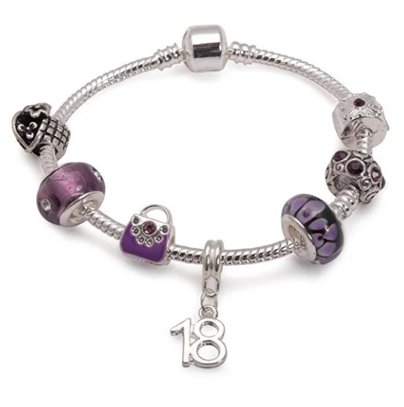 personalized charm bracelet for women -Age 18 'Purple Fleur' Silver Plated Charm Bead Bracelet