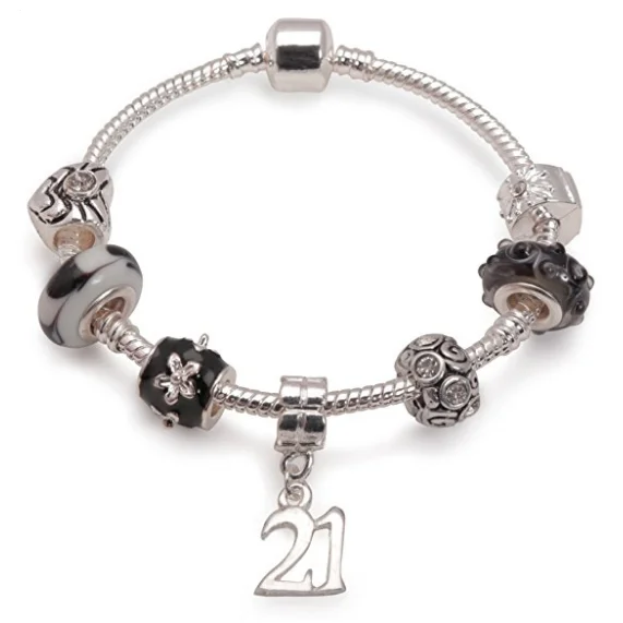 custom birthstone bracelet for women -Age 21 'Black Magic' Silver Plated Charm Bead Bracelet