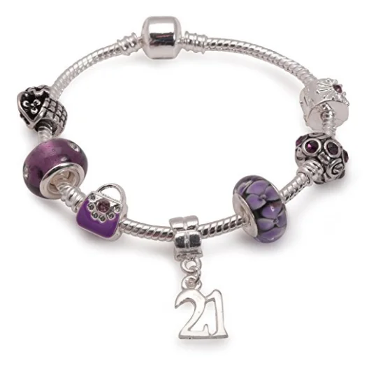 sterling silver bangle bracelet for women -Age 21 'Purple Fleur' Silver Plated Charm Bead Bracelet