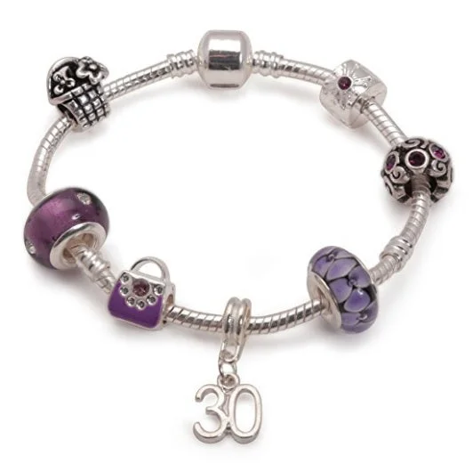 men’s stainless steel bracelet -Age 30 'Purple Fleur' Silver Plated Charm Bead Bracelet