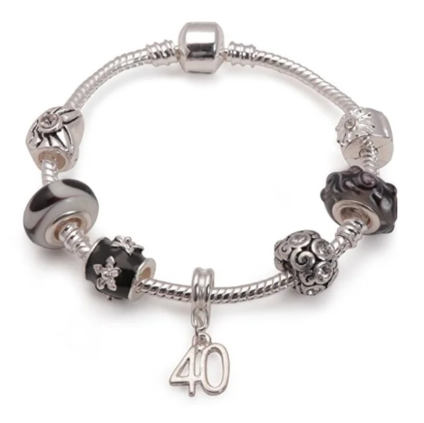 pearl bracelet for brides -Age 40 'Black Magic' Silver Plated Charm Bead Bracelet