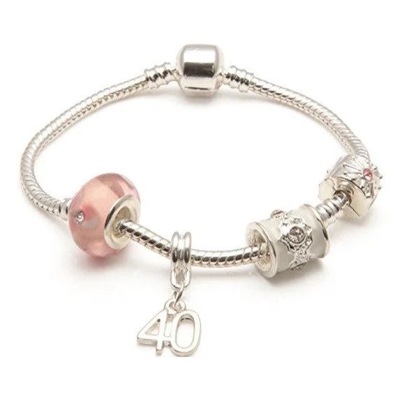 trendy charm bracelet for women -Age 40 'Pink Parfait' Silver Sparkle Charm Bead Bracelet