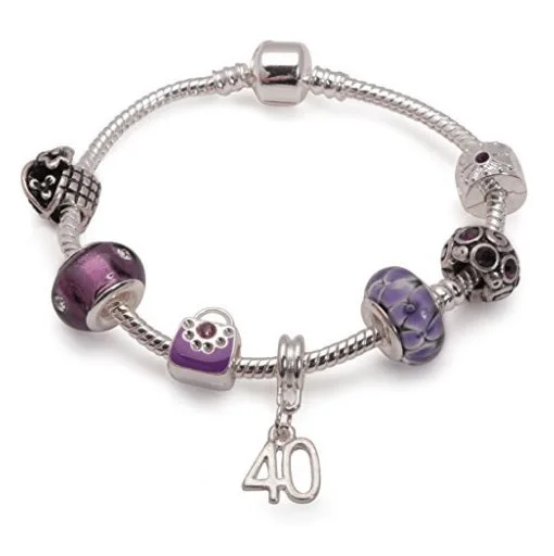 luxury diamond bracelet for weddings -Age 40 'Purple Fleur' Silver Plated Charm Bead Bracelet