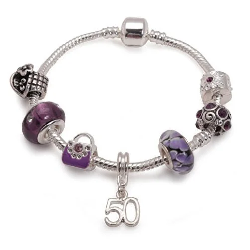 zodiac charm bracelet for astrology lovers -Age 50 'Purple Fleur' Silver Plated Charm Bead Bracelet