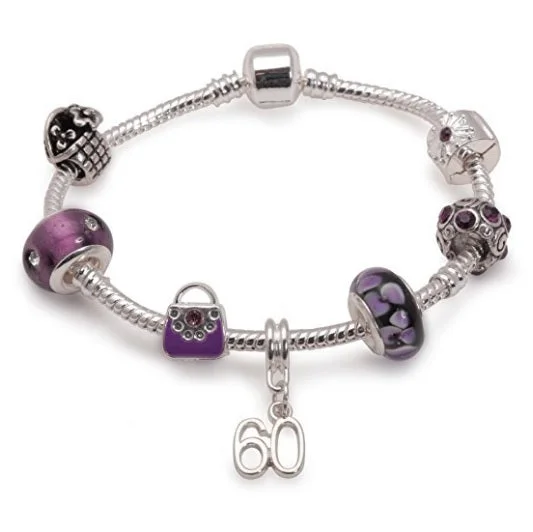 engraved bracelet for women -Age 60 'Purple Fleur' Silver Plated Charm Bead Bracelet