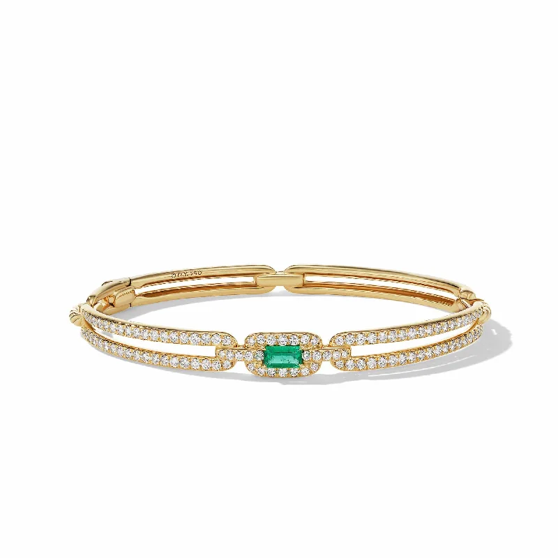 silver charm bracelet for women -Stax Single Link Stone Bracelet in 18K Yellow Gold with Emerald and Pave Diamonds