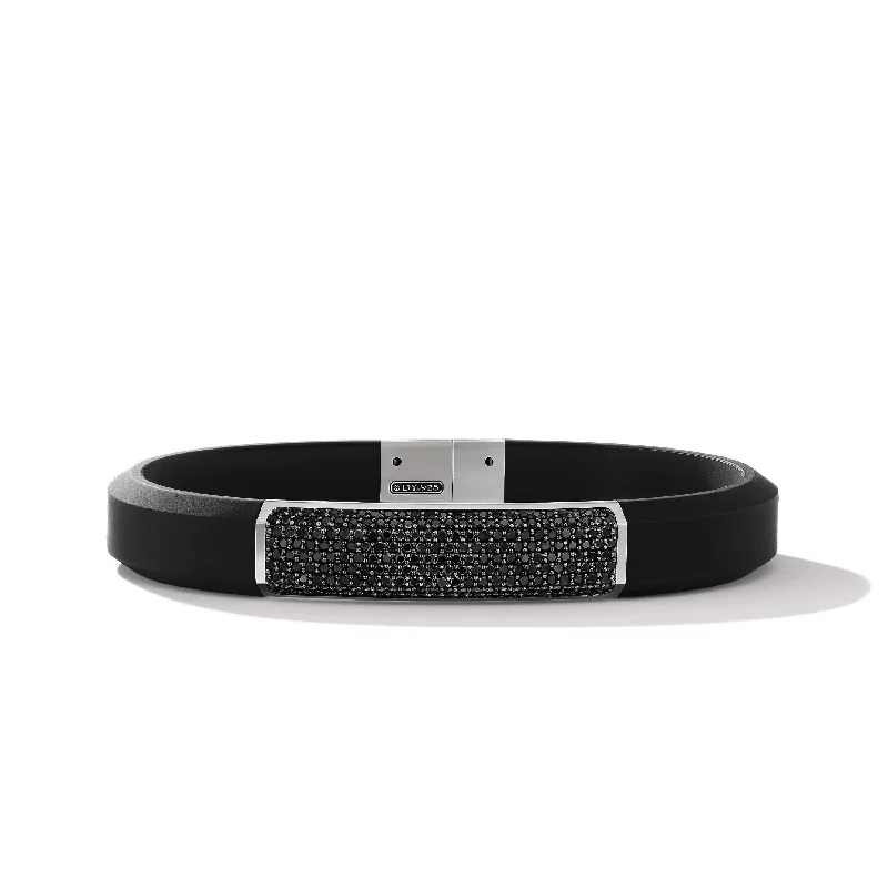 leather braided bracelet for men -Streamline ID Black Rubber Bracelet with Pave Black Diamonds