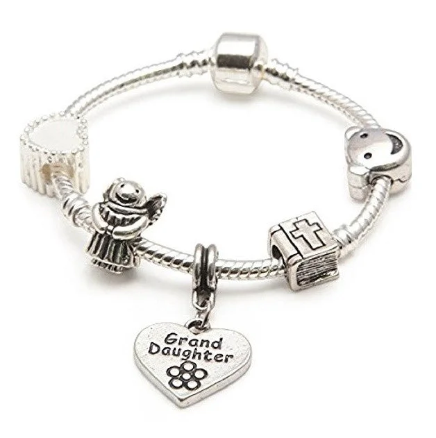 engraved couple bracelet for gifts -Baby Girl's Christening 'Granddaughter' Silver Plated Charm Bead Bracelet