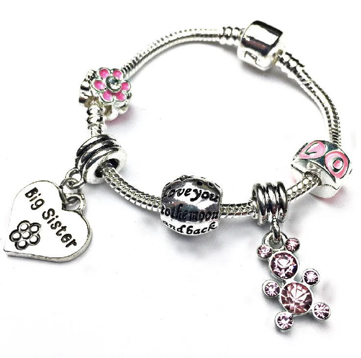 minimalist bracelet for women -Big Sister Pink Teddy Silver Plated Charm Bracelet Gift