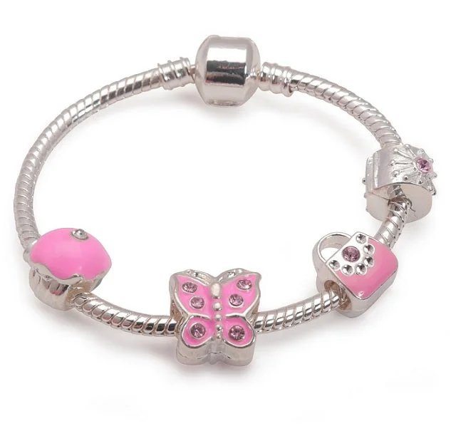 men’s cuff bracelet for fashion -Pretty In Pink Silver Plated Charm Bracelet For Girls