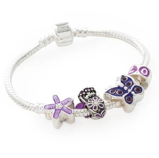 silver heart bracelet for women -Purple Fairy Silver Plated Charm Bracelet For Girls