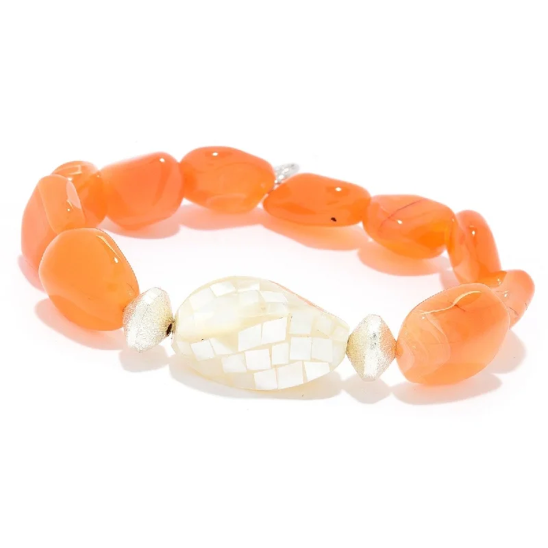 custom gemstone charm bracelet for gifts -Dallas Prince Designs Orange Botswana Agate & Mother-of-Pearl Stretch Bracelet