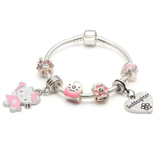 silver chain bracelet for men -Goddaughter 'Pink Kitty Cat Glamour' Silver Plated Charm Bead Bracelet