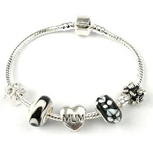 chic bracelet for daily wear -Mum 'Black Beauty' Silver Plated Charm Bead Bracelet