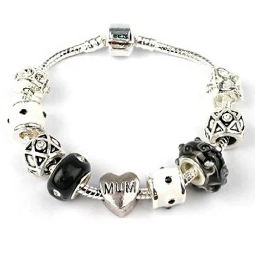 silver link bracelet for women -Mum 'Forever Mine' Silver Plated Charm Bead Bracelet