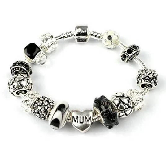 men’s leather bracelet with metal -Mum 'Loves Dream' Silver Plated Charm Bead Bracelet