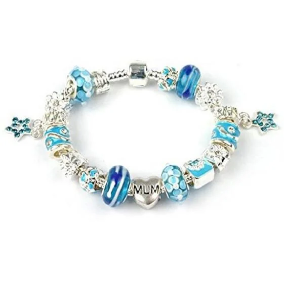 adjustable bracelet for women -Mum 'Misty Blue' Silver Plated Charm Bead Bracelet