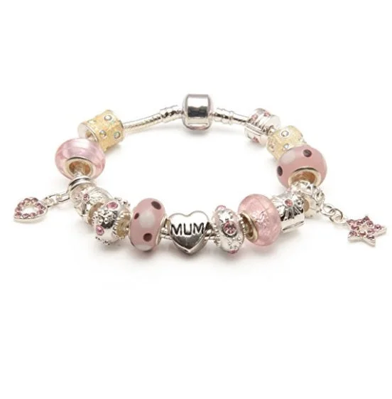 silver bracelet with charms for women -Mum 'Pink Me Up' Silver Plated Charm Bead Bracelet