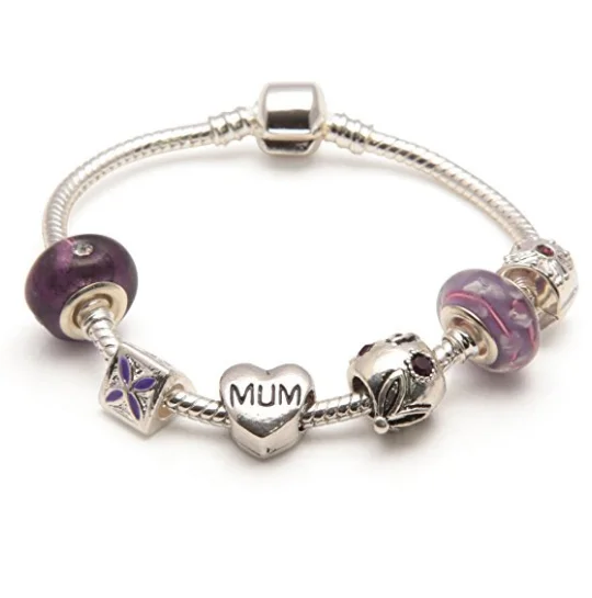 vintage-style bracelet for women -Mum 'Purple Haze' Silver Plated Charm Bead Bracelet