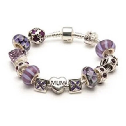 men’s gold bracelet for weddings -Mum 'Purple Orchid' Silver Plated Charm Bead Bracelet