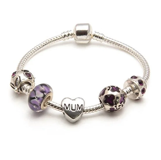 luxury diamond bracelet for weddings -Mum 'Purple Rush' Silver Plated Charm Bead Bracelet