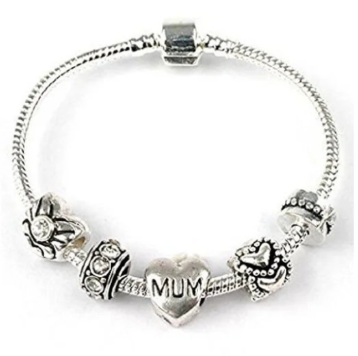 beaded bracelet for boho style -Mum 'Silver Romance' Silver Plated Charm Bead Bracelet