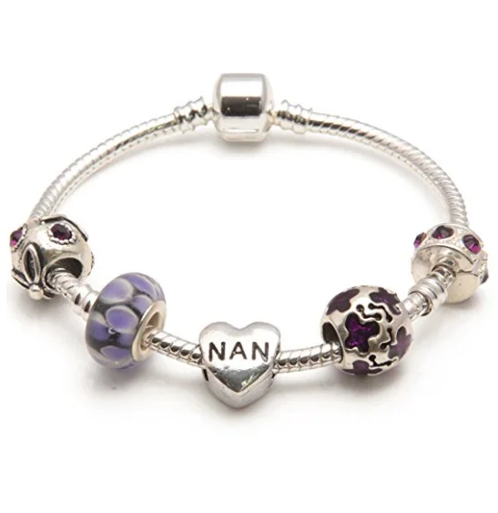 engraved couple bracelet for gifts -Nan 'Purple Rush' Silver Plated Charm Bead Bracelet