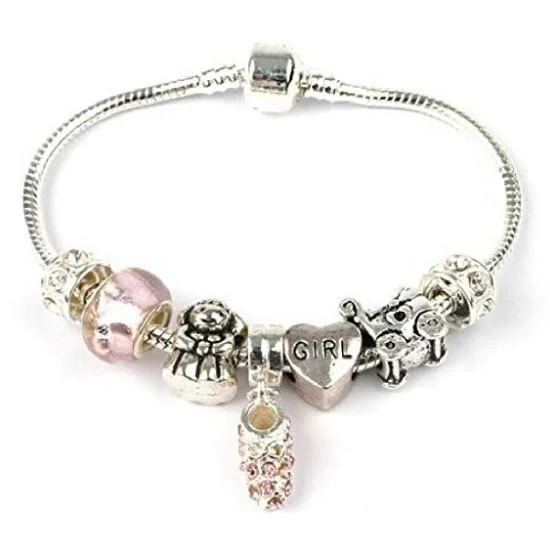 boho bracelet for women -New Baby 'It's A Girl' Silver Plated Charm Bead Bracelet