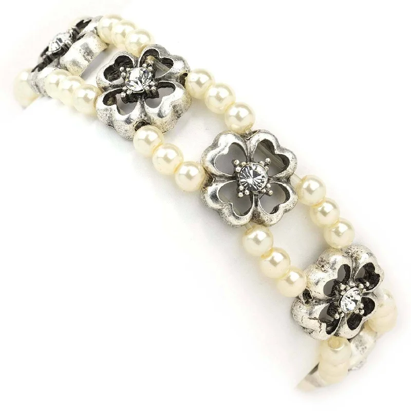 gemstone beaded bracelet for women -1928 Jewelry Four-Leaf Clover Crystal White Faux Pearl Stretch Bracelet