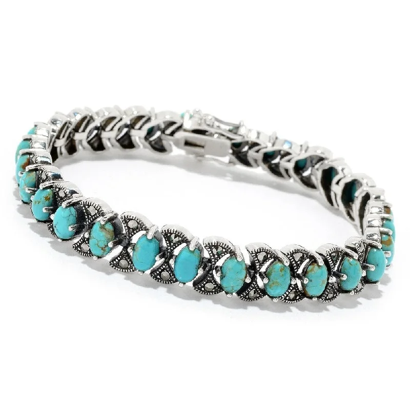 vintage charm bracelet for women -Sterling Silver 7.25" Oval #8 Turquoise & Marcasite Bracelet