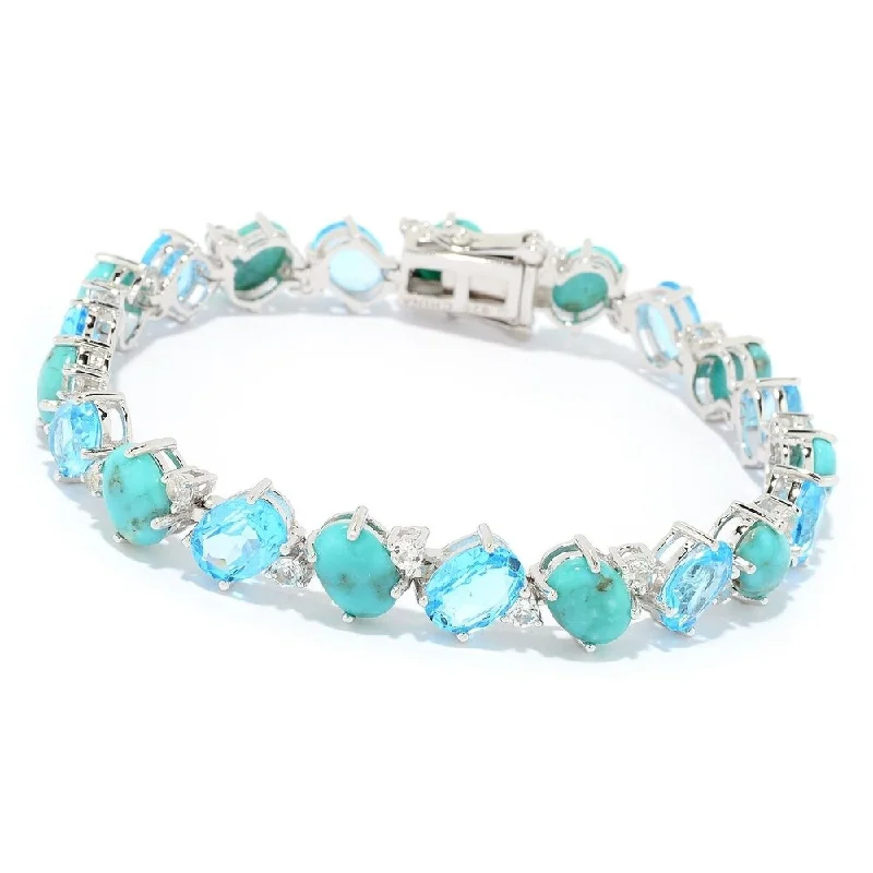 sterling silver bangle bracelet for women -Sterling Silver Campitos Mexican Turquoise & Swiss Blue Topaz Line Bracelet