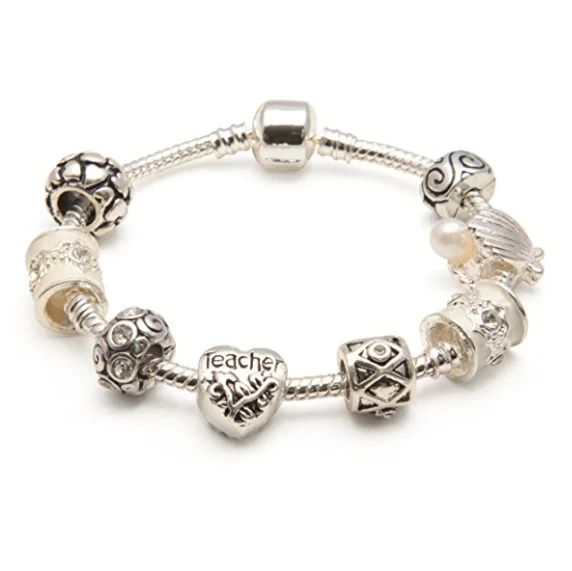 engraved couple bracelet for gifts -Teacher 'Cascade Cream' Silver Plated Charm Bead Bracelet