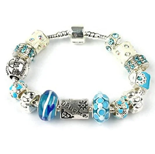 personalized family bracelet for gifts -Teenager's Daughter 'Blue Babe' Silver Plated Charm Bead Bracelet