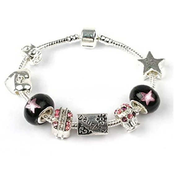 men’s leather wrap bracelet -Teenager's Daughter 'Rock Star Deluxe' Silver Plated Charm Bead Bracelet