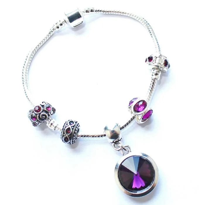 heart-shaped bracelet for gifts -Teenager's 'February Birthstone' Amethyst Colored Crystal Silver Plated Charm Bead Bracelet