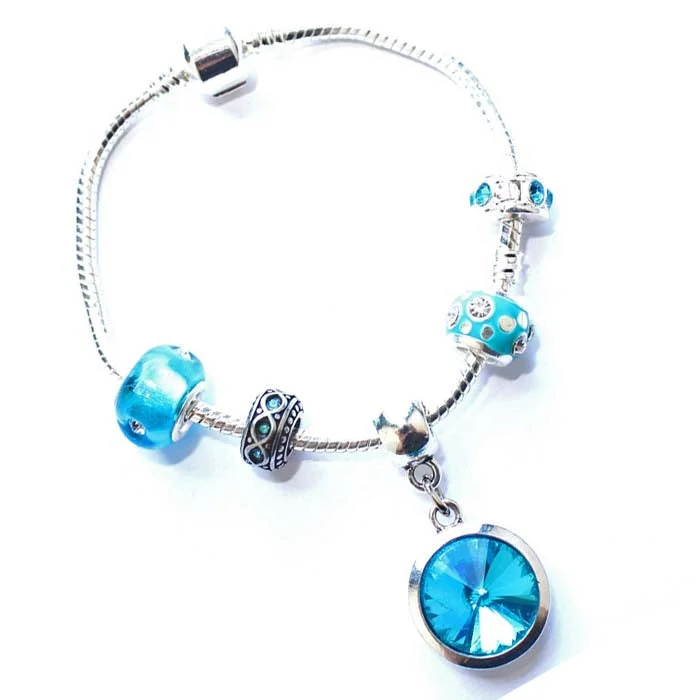 multi-layer bracelet for women -Teenager's 'March Birthstone' Aqua Colored Crystal Silver Plated Charm Bead Bracelet