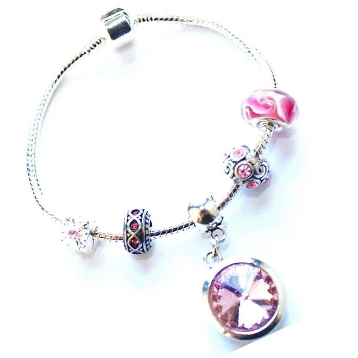 custom engraved bracelet for gifts -Teenager's 'October Birthstone' Rose Colored Crystal Silver Plated Charm Bead Bracelet