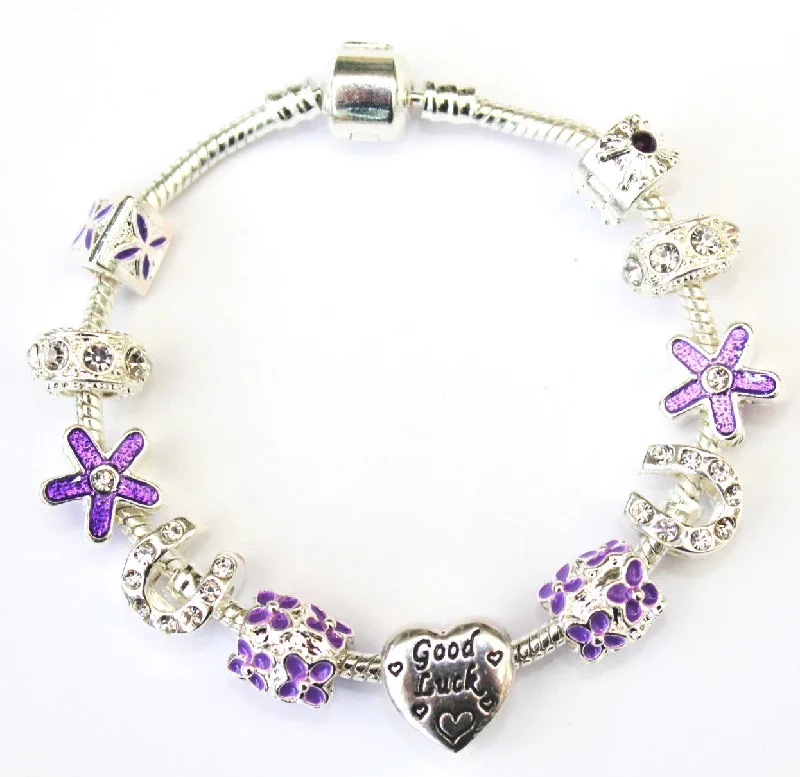 diamond tennis bracelet for special events -Teenager's 'Purple Flower Good Luck' Silver Plated Charm Bracelet